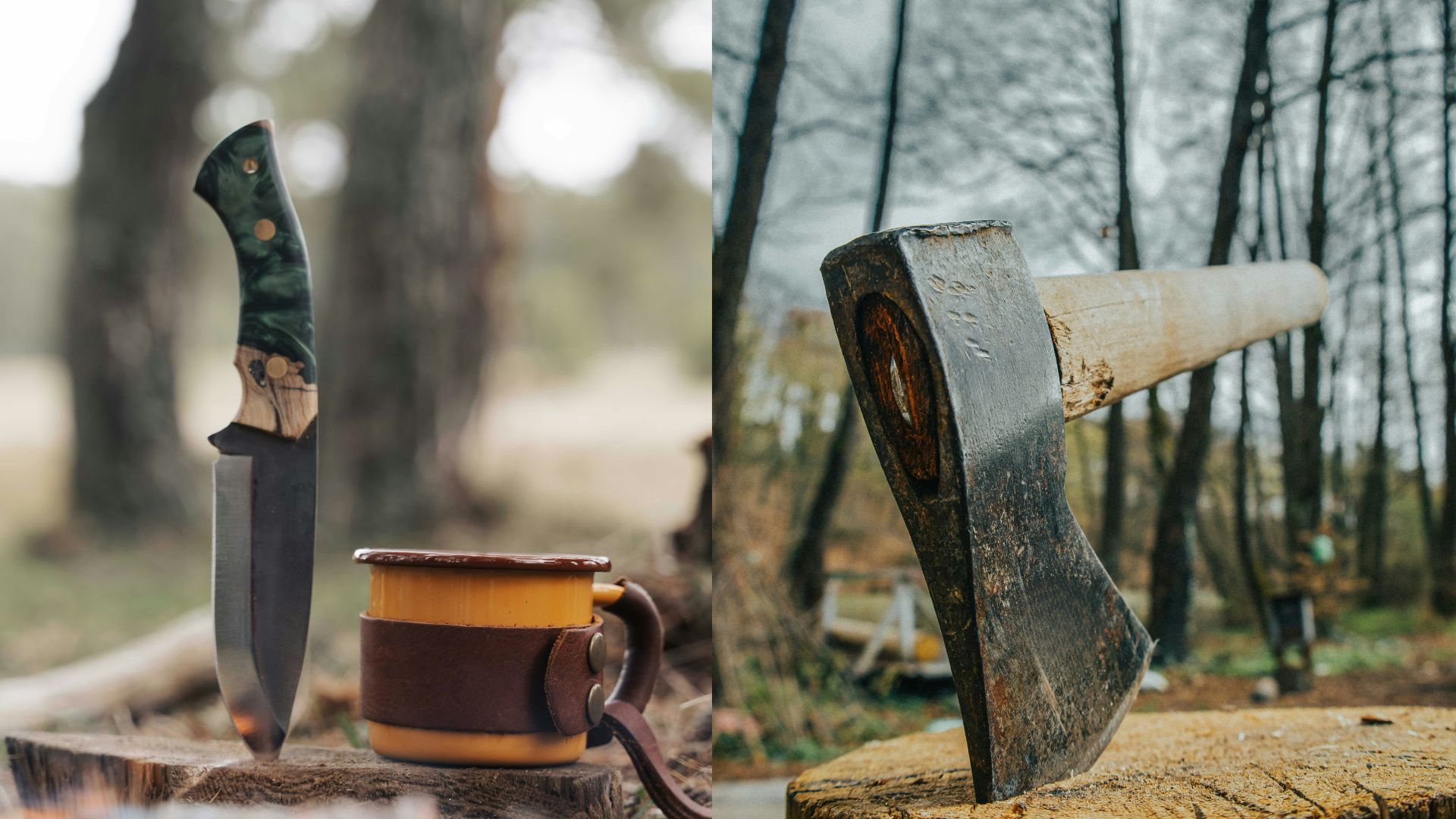 Collage med närbilder på en friluftskniv bredvid en mugg och en yxa i en huggkubbe, båda i skogsmiljö.