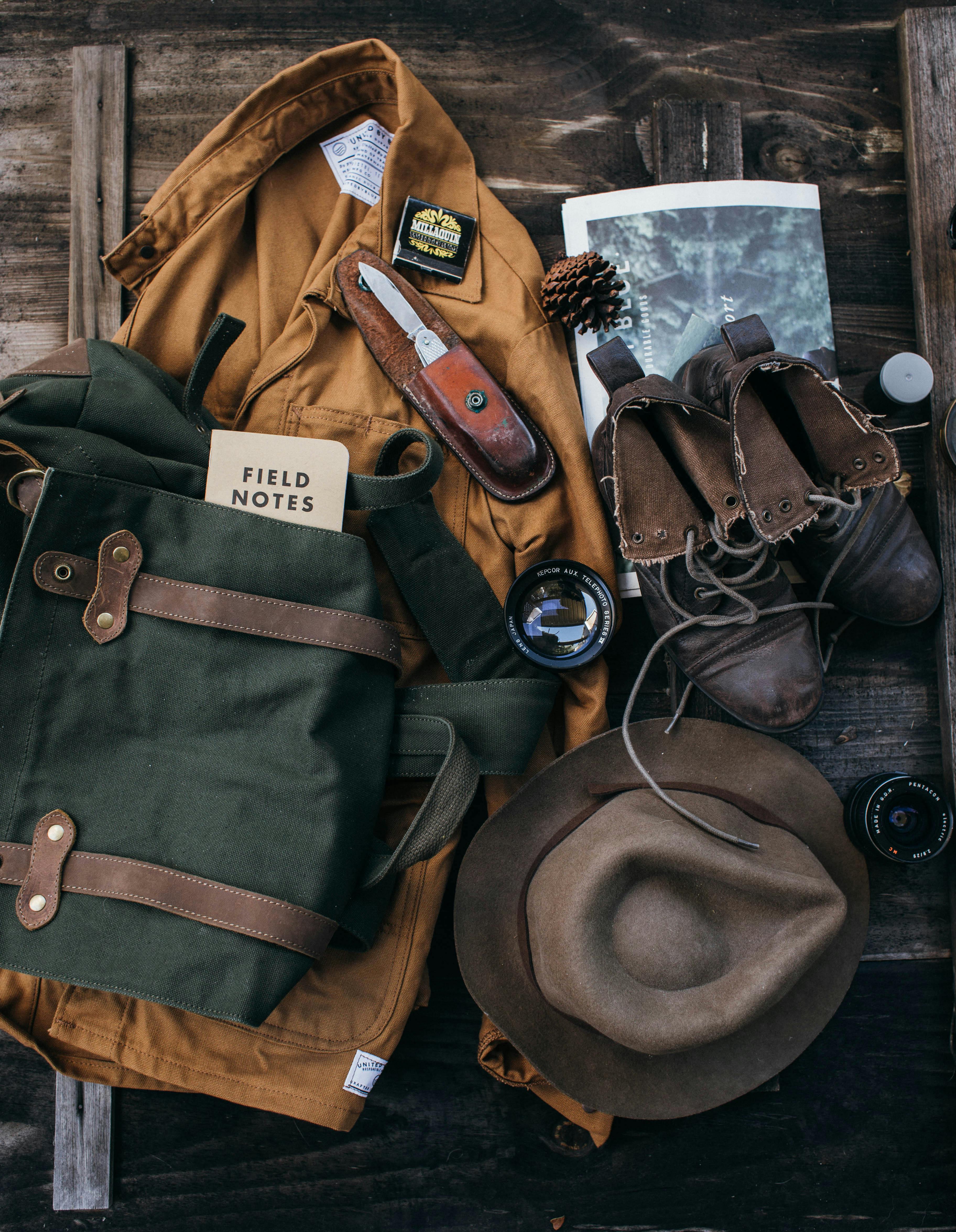 En samling friluftsutrustning i vintagestil arrangerad på ett mörkt trägolv. I bilden syns en grön canvasryggsäck, en brun skjorta, läderkängor, en filthatt, en fällkniv i läderfodral och en anteckningsbok med texten "Field Notes".