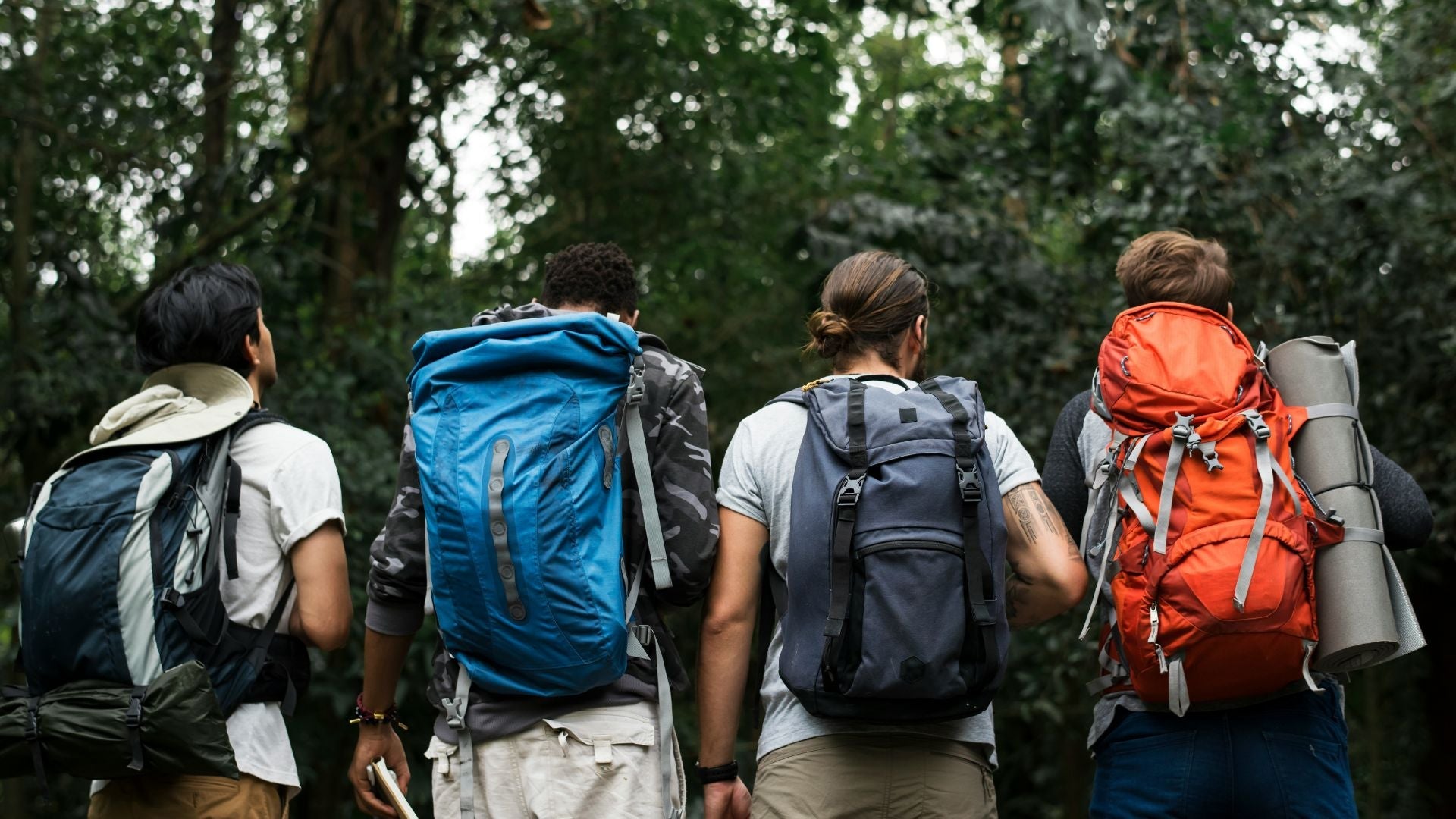 En blå och en mörkblå expeditionsryggsäck utrustade med röda sovsäckar eller liggunderlag fastspända på utsidan, placerade i en vidsträckt bergsmiljö.