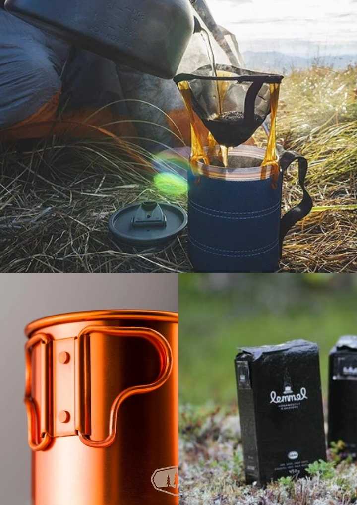 Kollage som visar ultralätt kaffekit för vandring med mini kaffebryggare, lättviktsmugg och Lemmelkaffe.